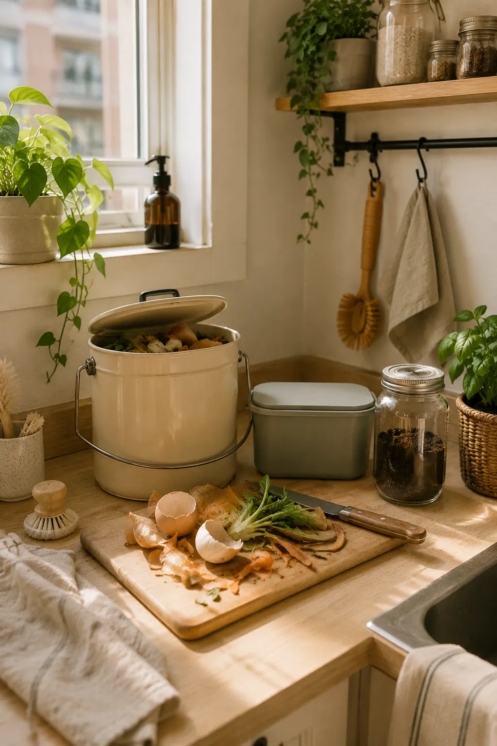 Illustrative small apartment kitchen with food scraps, collection containers, a cutting board, and plants in warm daylight.