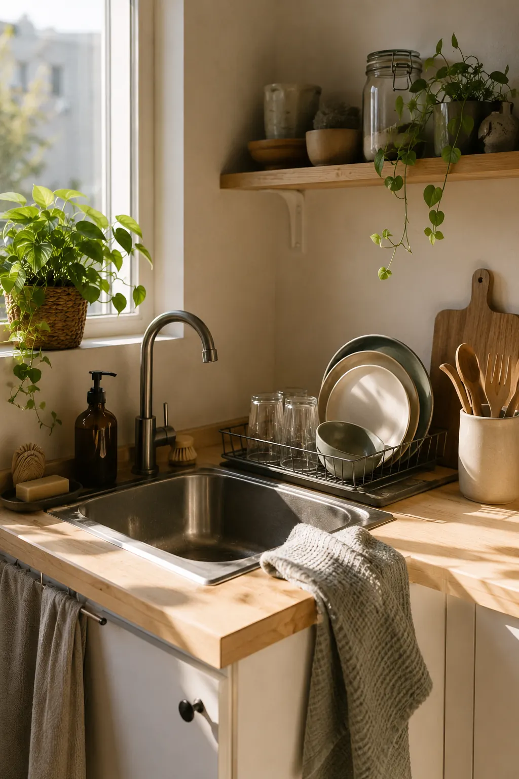 Illustrative small apartment kitchen with a sink, dish rack, drying dishes, wood counter, and plants in warm daylight.