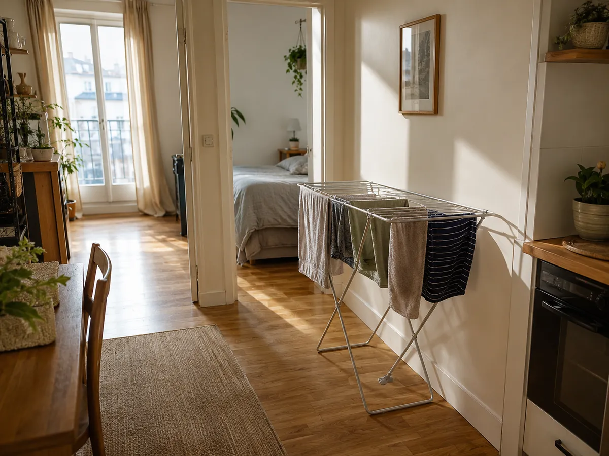 Illustrative small apartment with a compact drying rack positioned away from the doorway and clear walking space around it.