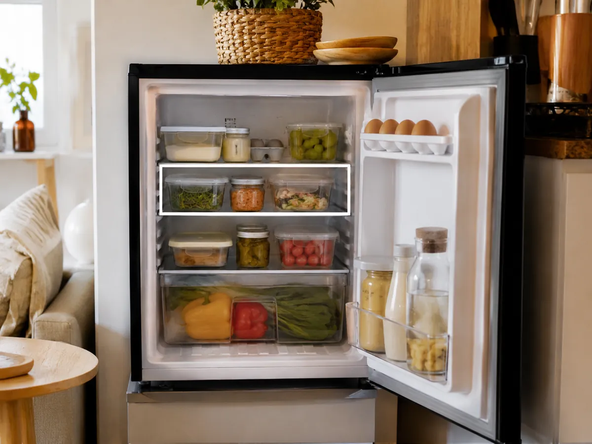 Illustrative small apartment refrigerator with a small group of containers arranged together on one shelf.