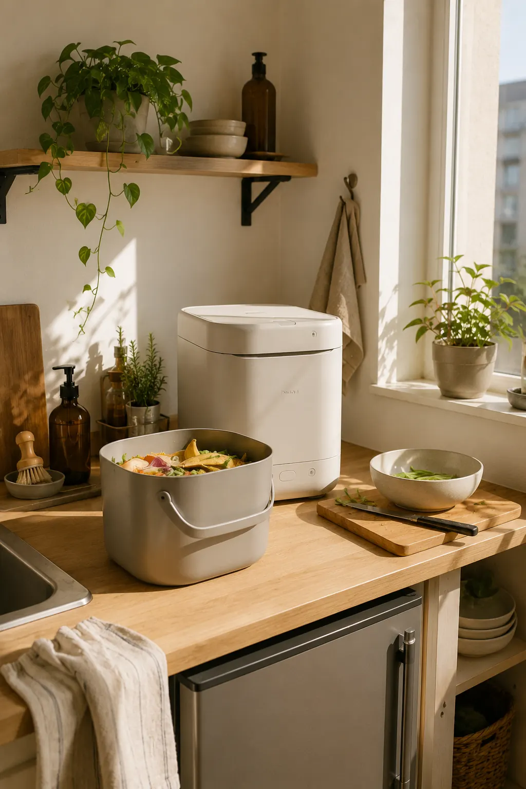 Illustrative compact apartment kitchen with an unbranded countertop food-waste appliance and a removable food-scrap container.