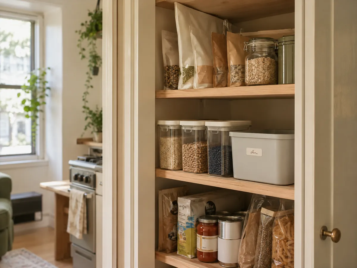 Illustrative small apartment pantry shelf with intact food packages and one labeled secondary container.