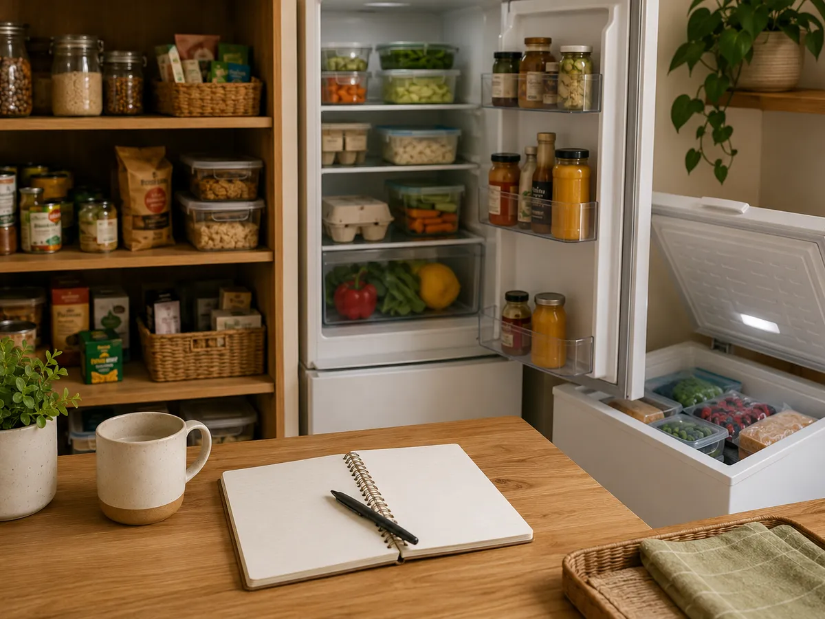 Illustrative small apartment kitchen with pantry, refrigerator, and freezer items arranged for a food-use review.