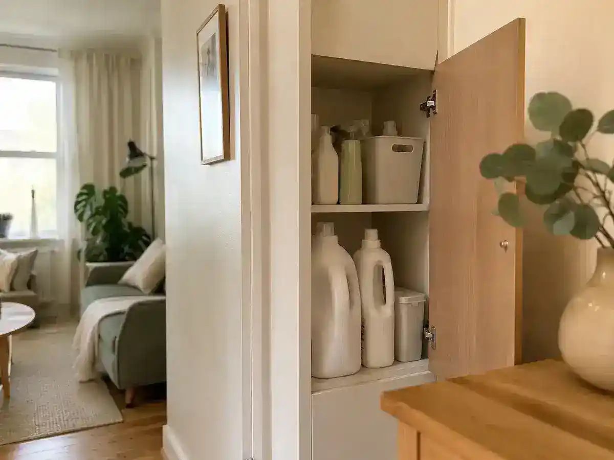 Illustrative small-apartment cabinet with several closed, unbranded laundry-product containers stored upright on two shelves.