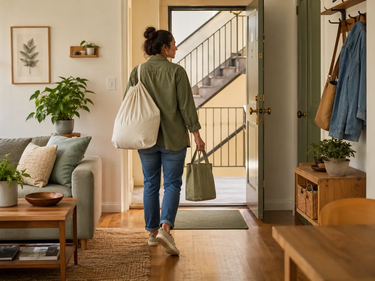 Illustrative renter carrying a modest laundry bag and small supply bag through a clear apartment doorway toward a stairwell.