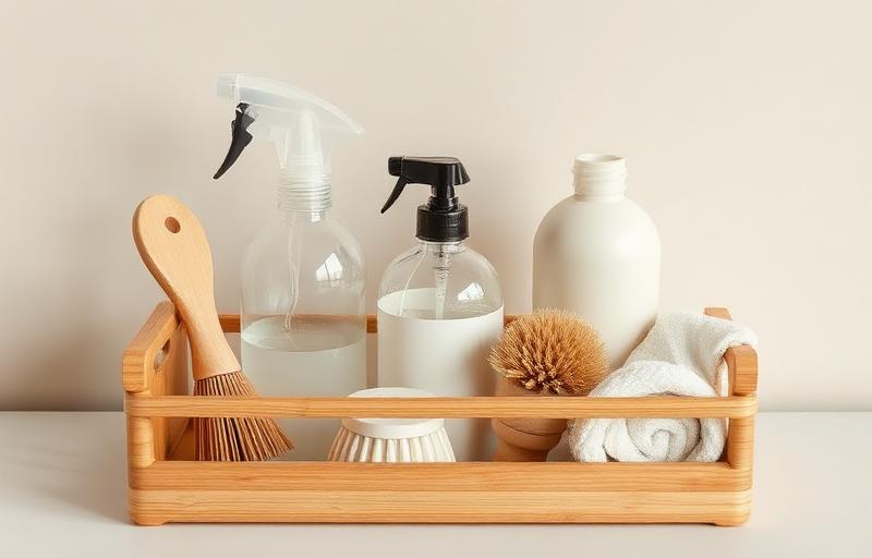 Illustrative cleaning brushes, cloths, and refillable bottles arranged in a wooden caddy.