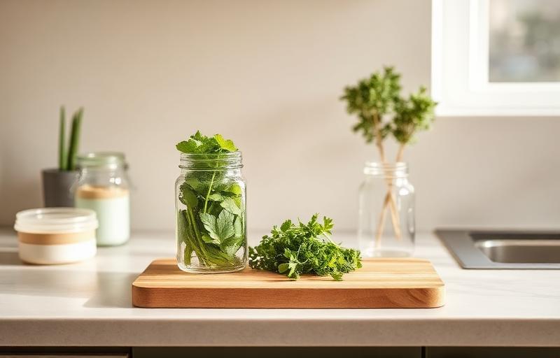 Illustrative kitchen counter with fresh herbs in a jar beside a cutting board.
