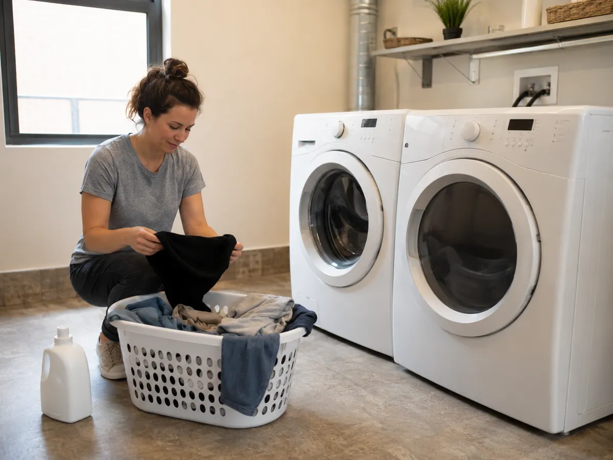 Illustrative shared apartment laundry room with unbranded machines, a laundry basket, and clear floor space for preparing a load.